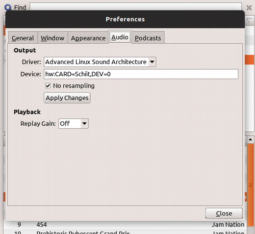 GogglesMM preferences selecting ALSA output
